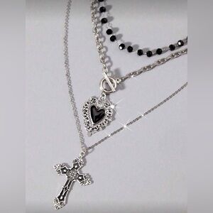 Western Bohemian Layered Silver Cross & Heart Necklace with Black Cowgirl Style